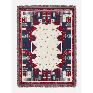 VTG Goodwin Weavers Christmas Village Shops Tapestry Throw Blanket Reversible